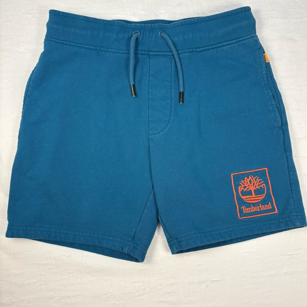 Timberland Men’s Teal Blue Sweat Shorts with Orange Logo. Size Small
